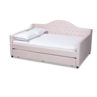 Baxton Studio CF8940-Light Pink-Daybed-Q/T Perry Modern and Contemporary Light Pink Velvet Fabric Upholstered and Button Tufted Queen Size Daybed with Trundle